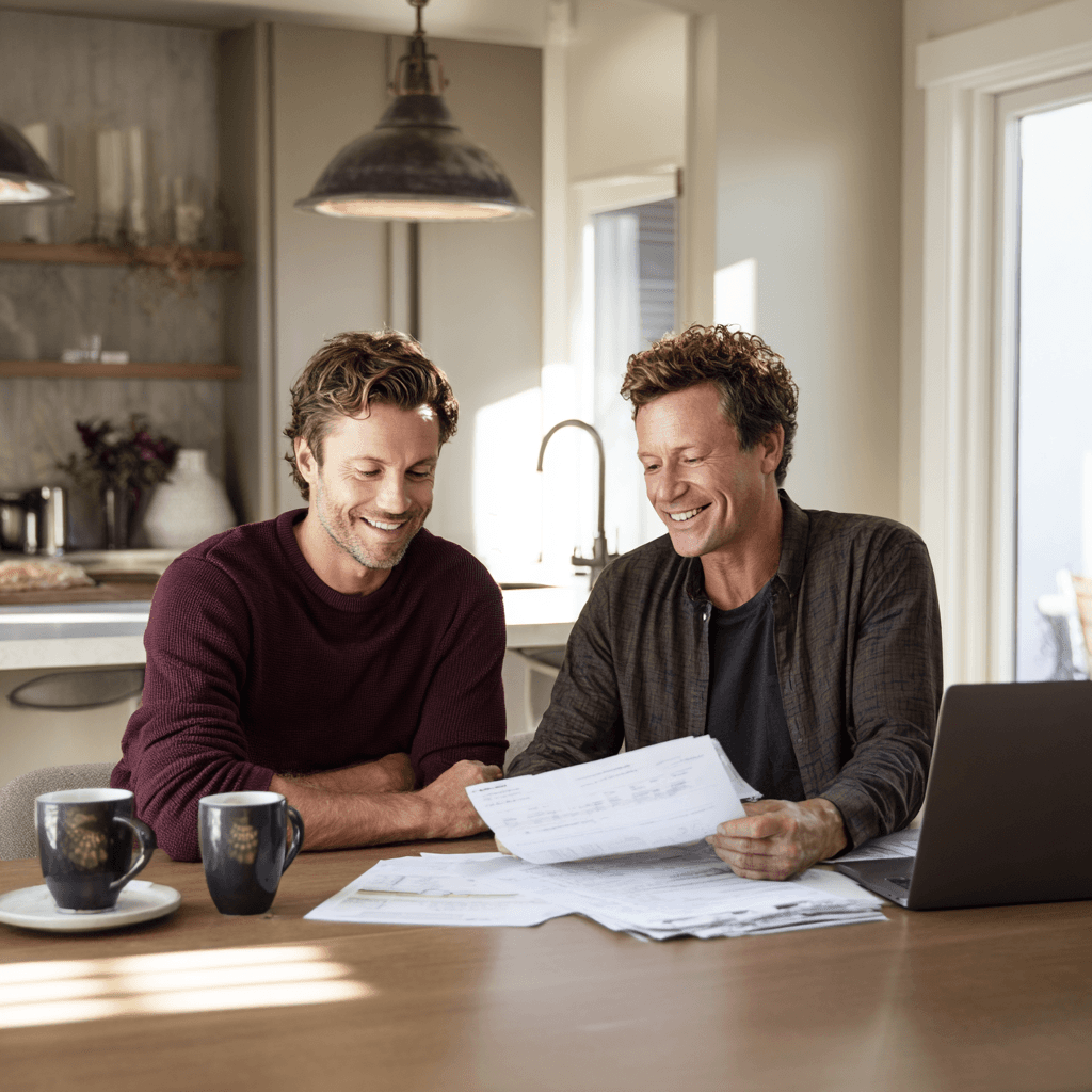 Two people reviewing mortgage options together at a kitchen table