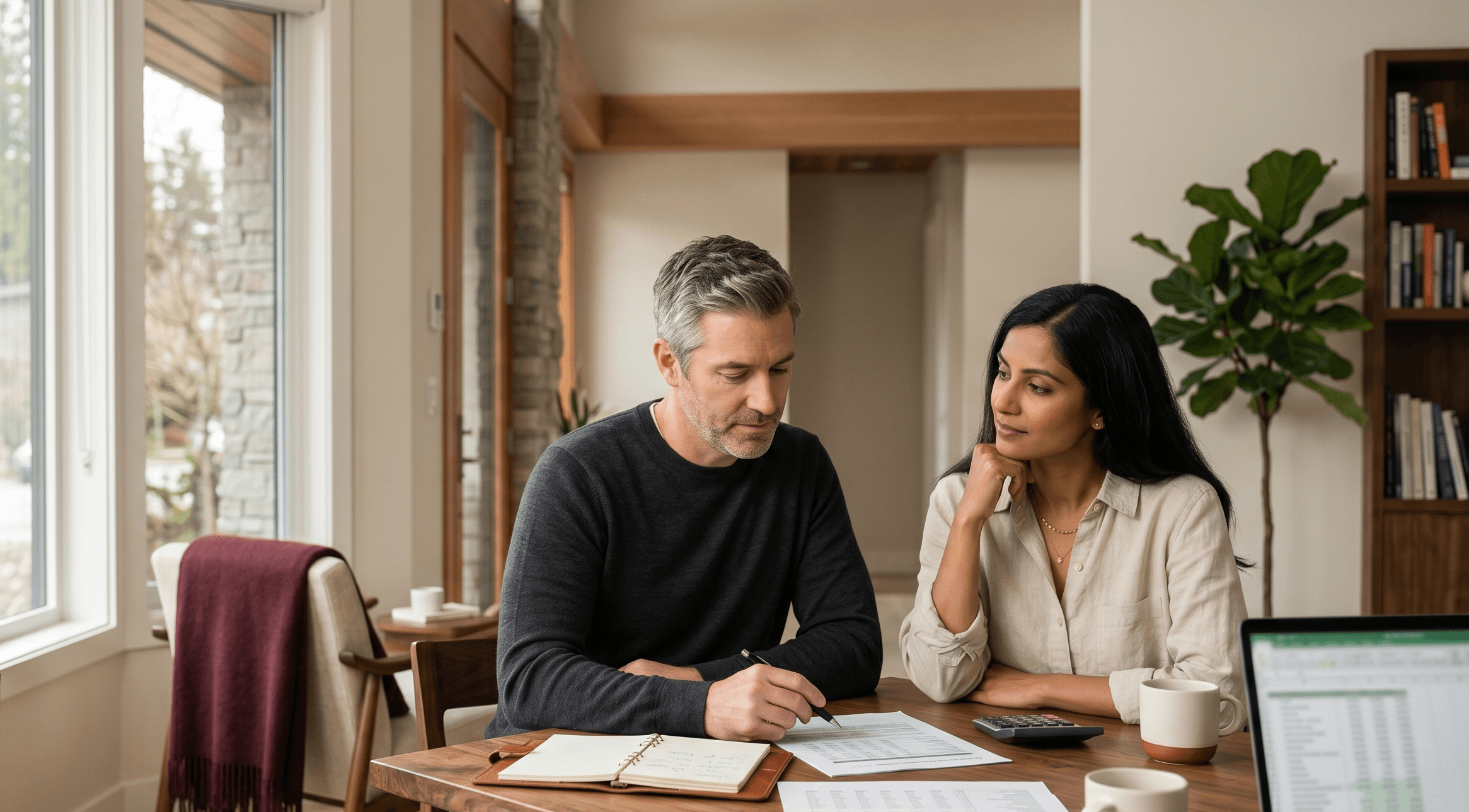 Canadian homeowner reviewing a Smith Manoeuvre fit checklist with a readvanceable mortgage and HELOC setup shown alongside investment account notes.