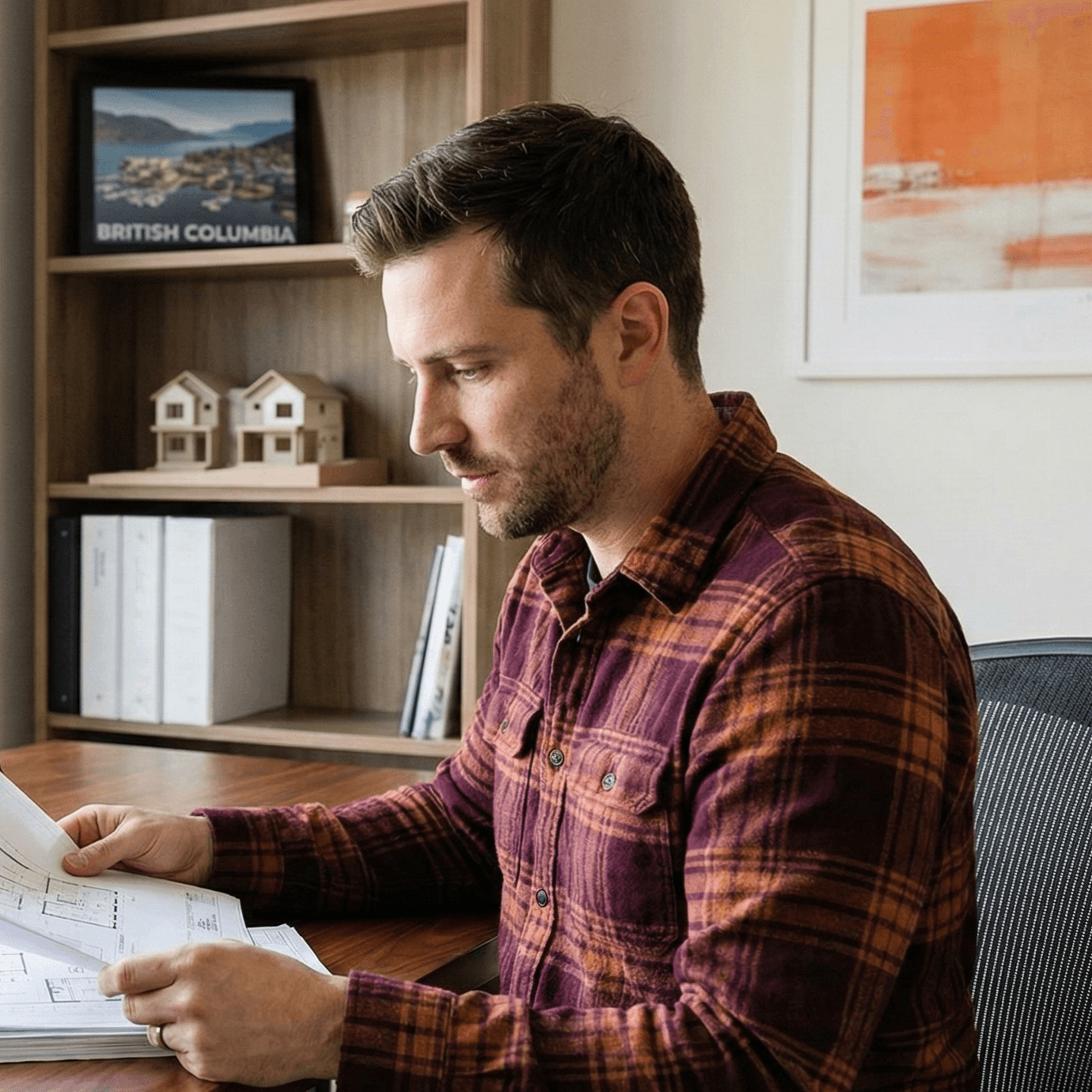 Self-employed contractor in British Columbia reviewing mortgage documents in a bright home office